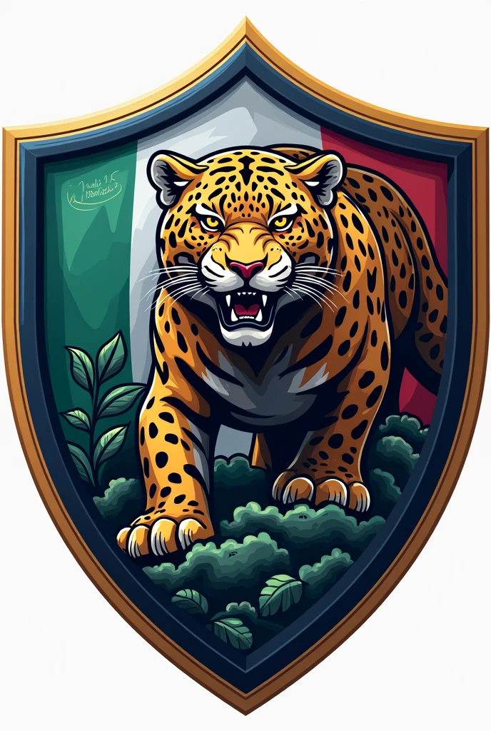 create a team shield with white colors, blue and gold with the flag of Amazonas with a jaguar saying “United of Texas”