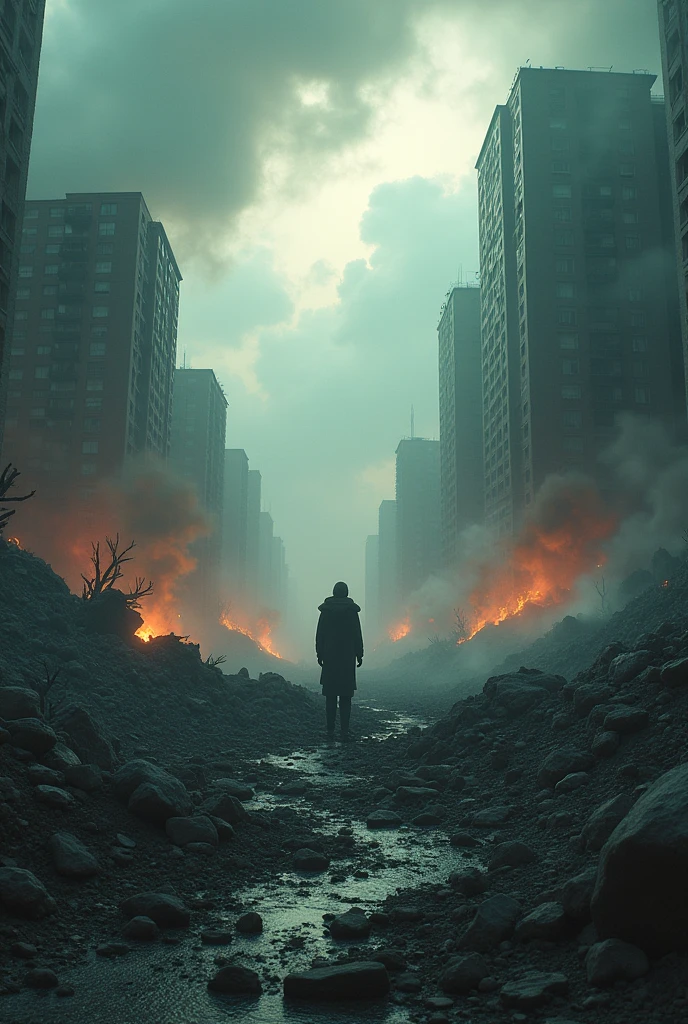(best quality,8k,hyperdetailed,masterpiece:1.2),ultra-detailed,(realistic,photorealistic,photo-realistic:1.37),HDR,UHD,studio lighting,extreme detail description,professional,vivid colors,earth disaster,apocalyptic landscape,destroyed city,rubble,debris,cracked ground,smoke,fires,dark clouds,destruction,chaos,survival,helplessness,despair,gritty,cinematic