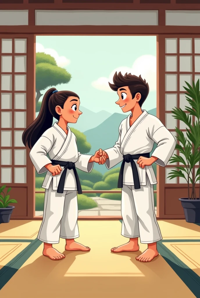 Simple cartoon style illustration of martial artists making friends in a dojo 