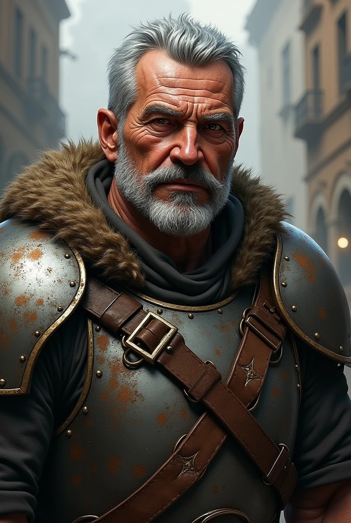 art conceptuel, bandes dessinées européennes, Conception de personnages de jeu, 1er fils, seul, moustache, mâle mature, foyer masculin, Poils, armure, Musclé male, tout le corps, cheveux gris, Cheveux courts, Musclé, vieux, vieux man, promontoires, shoulder armure, pectoral, entièrement armé, debout, Peau ridée, cicatrice sur le visage, Zoom sur le visage uniquement, Visage détaillé, Exprimer uniquement jusqu'à la poitrine,