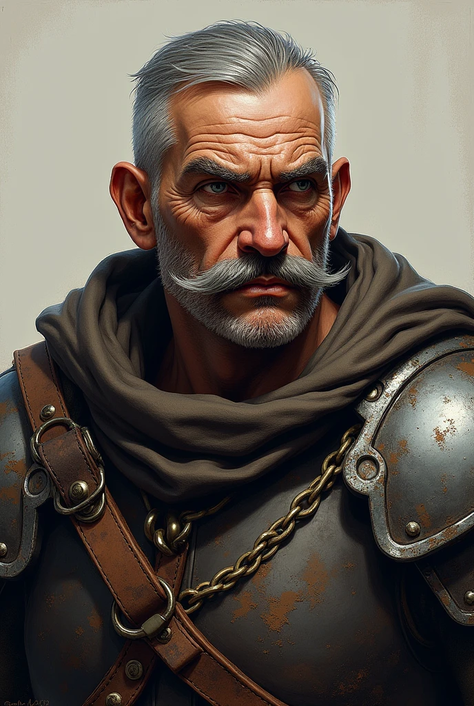art conceptuel, bandes dessinées européennes, Conception de personnages de jeu, 1er fils, seul, moustache, mâle mature, foyer masculin, Poils, armure, Musclé male, tout le corps, cheveux gris, Cheveux courts, Musclé, vieux, vieux man, promontoires, shoulder armure, pectoral, entièrement armé, debout, Peau ridée, cicatrice sur le visage, Zoom sur le visage uniquement, Visage détaillé, Exprimer uniquement jusqu&#39;à la poitrine, 
