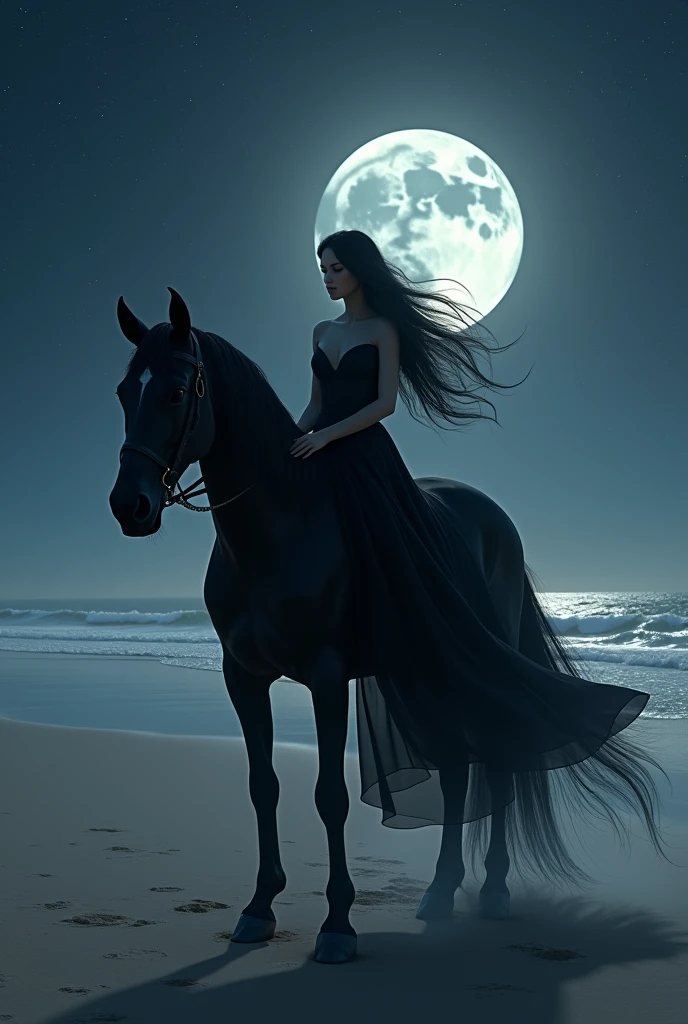 Light skinned woman with long black hair wearing a black dress riding a black horse with a long mane on a deserted beach on a starry night with a full moon