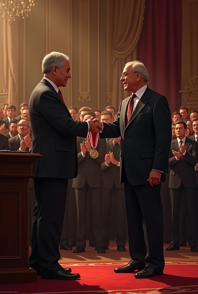   Jose Gregorio Paz Soldán receiving a medal at a ceremony, with an applauding audience.
