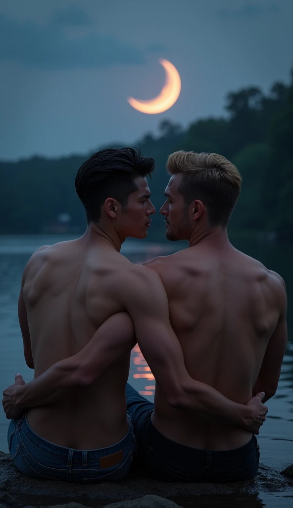nsfw, yaoi, best quality, masterpiece, extremely detailed, close up, two men, nude, extremely handsome 25 year old man with middle parting dark hair, extremely handsome 30 year old filipino man with short blond hair, muscular bodybuilder, sitting by a lake, looking at each other lovingly, crescent moon in the sky, vibrant colors, extremely romantic atmosphere, dark cinematic lighting, dramatic shadows, perfect hands, perfect fingers, perfect face