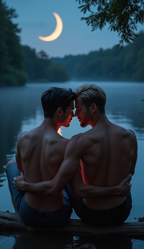 nsfw, yaoi, best quality, masterpiece, extremely detailed, close up, two men, nude, extremely handsome 25 year old man with middle parting dark hair, extremely handsome 30 year old filipino man with short blond hair, muscular bodybuilder, sitting by a lake, looking at each other lovingly, crescent moon in the sky, vibrant colors, extremely romantic atmosphere, dark cinematic lighting, dramatic shadows, perfect hands, perfect fingers, perfect face
