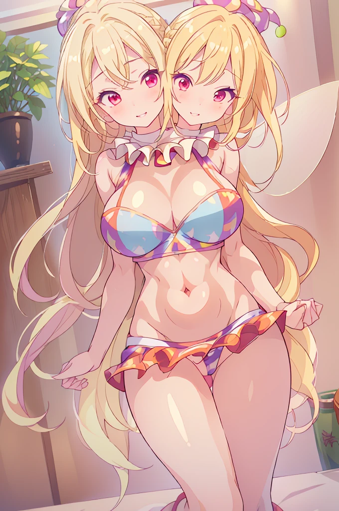 (masterpiece, best quality), best quality, (ultra-detailed), (((3heads:1.5))), 1girl, (ultra-detailed), (3heads:1.5), 1girl, (clownpiece:1.3), masterpiece, best quality, ultra quality, ultra resolution, ultra detail, red and blue top, crop top, ((stomach)), midriff, ((groin)), red and blue skirt, normal ears, shackles, blonde hair, very long hair, wavy hair, sidelocks, pink eyes, parted lips, blonde, smiling, smirking, cute smile, enthusiastic smile, cute, toned belly, hand on own chest, eyelashes, (24 year old woman:1.3), (masterpiece:1.5), (best quality:1.5), (beautiful detailed), extremely detailed CG, extremely delicate and beautiful, depth of field, (finely detailed face), (perfect details:1.2), (mature female:1.3), wide pelvis, slender, large veiny breast, 16k resolution, highres, very high quality, very high definition, extremely detailed, masterpiece, blonde hair, long hair, alluring presence, braid, short skirt, close up, very big tits, huge breasts, young, purple, polka-dotted jester's hat, fairy wings, torch, nsfw, open belly, girl with three heads, three headed girl, ((blonde)),