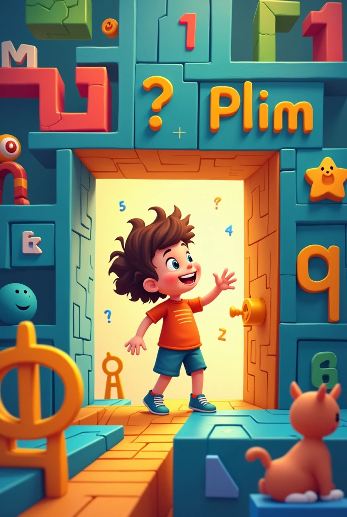 I need to create a logo of a child named Plim who is inside a mathematical maze with preschool themes where he must find the exit.