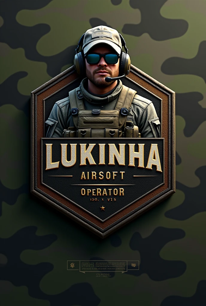 Create Cliché, Rubber patch, hexagonal coat of arms shield with the name Lukinha Airsoft and operator therefore an m4 rifle with a cap and headset with a camouflage background