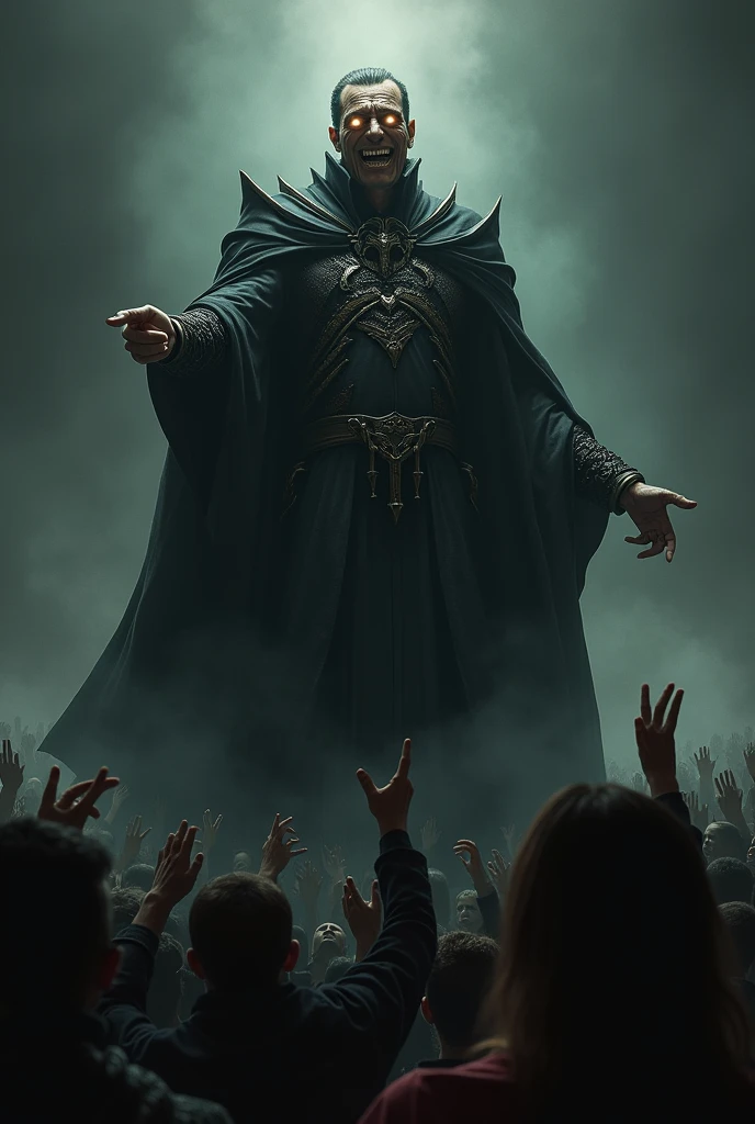 A very mysterious man representing the Antichrist dominating a lot of people. Make the Antichrist in this image laughing at people and pointing at them.