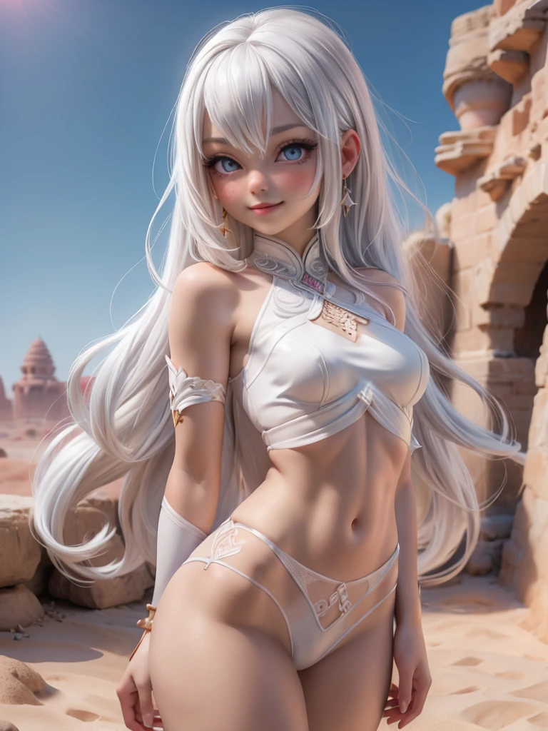 ariel, upper body portrait, white hair, beautiful, cute arabian transparent Langerie, warrior, midriff, fit, white hair,  desert background, realistic fantasy ,concept art, sexy, excited, gorgeous face,fully body, breasts small, smooth skin, Medium pink mouth, Linda, naturals .Transparent silk on clothes, 80% of the uncovered body,Cheeky smile.,Well-defined lips. 