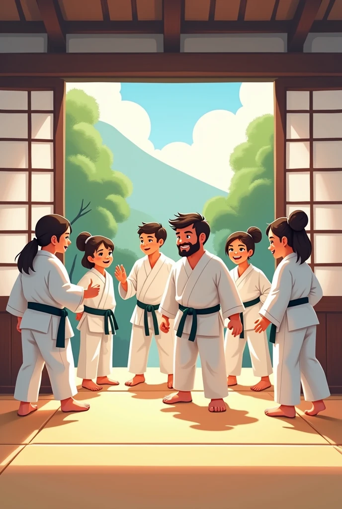 Simple cartoon style illustration of martial artists making friends in a dojo 