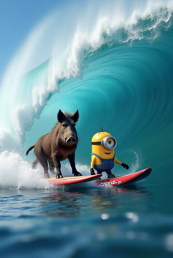 Une vague enorme ou surf un sanglier avec une vrai planche de surf et un minion qui surf sur la meme vague a côté avec une vrai planche de surf différente de celle du sangliers ( il ont tous les deux leur planche personnel) le minion porte une combinaison de surf adaptés oû l'on voit distinctement marqué sur le torse de sa combinaison : O'NEILL