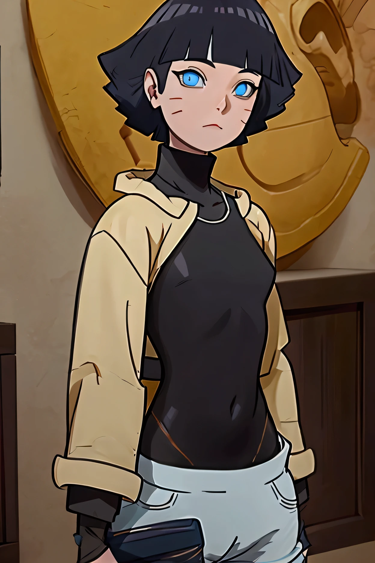 (masterpiece), best quality, expressive eyes, detailed eyes, perfect eyes, perfect face, 

black hair, short hair, bangs, blunt bangs, ahoge, facial mark, blue eyes, himawari uzumaki, (academyhima),

academy jacket, yellow crop top jacket, (rolled-up collar jacket), ((showing collarbones)), 
black zentai, full bodysuit, black turtleneck, (black leggings), arm warmers, 
shinobi-shorts, leg-holster, shinobi-sandals