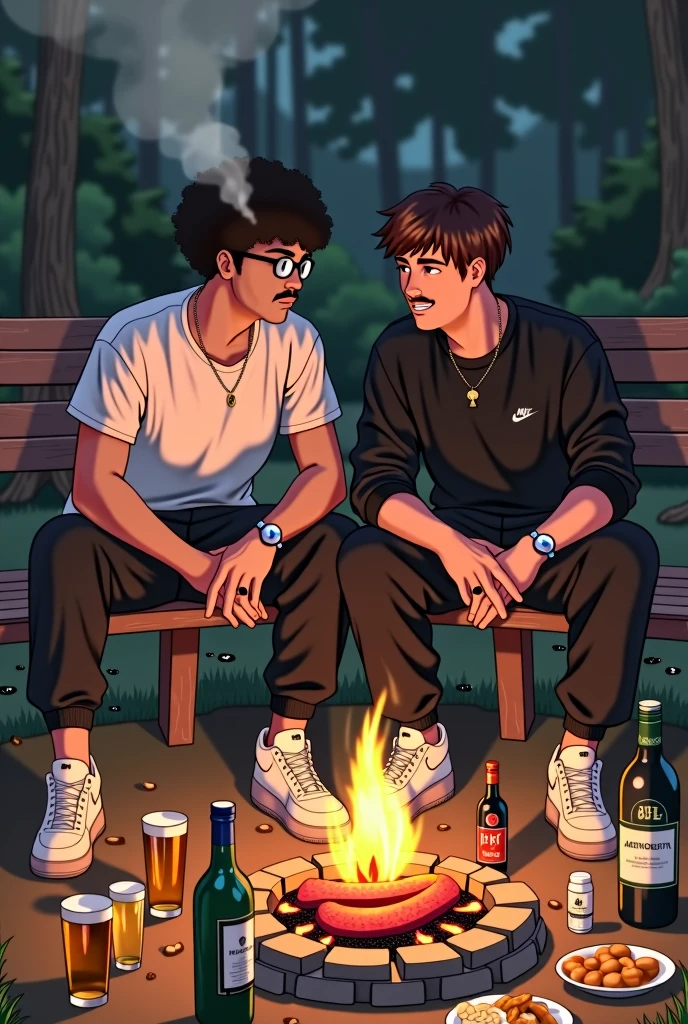 Person/01 has slightly tanned skin, a larger nose, wears black glasses and has medium-length black curls. He is wearing a white Nike t-shirt, black sweatpants and white Nike Air Force One. On his left wrist he wears a silver and blue Rolex Daytona. Person/02 has light skin, a normal nose, no beard other than a slight mustache, and a longer, brown boxer cut. He wears a black Nike sweater, black pants, white Nike Air Force One, a silver and blue Rolex Daytona on his left wrist, a silver chain on his right and a black ring on his middle finger. The two friends sit on benches close to each other around a campfire with grilled meat over it. They each hold a glass of alcohol in their left hand and a cigarette in their right hand. Around them are cigarette packs, beer, wine, vodka, Jägermeister, grill plates, snacks and a JBL box.