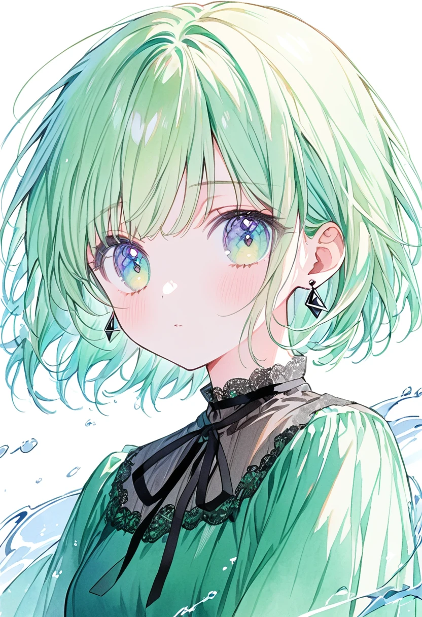(water color:1.2)Soft lines, a girl, solo, light emerald green girl, light emerald green hair, short hair, light emerald green eyes, emerald green blouse, black neck ribbon, black triangle earring, Lean neck, light emerald green square background, front view, from front,transparent illustration,, high school student,