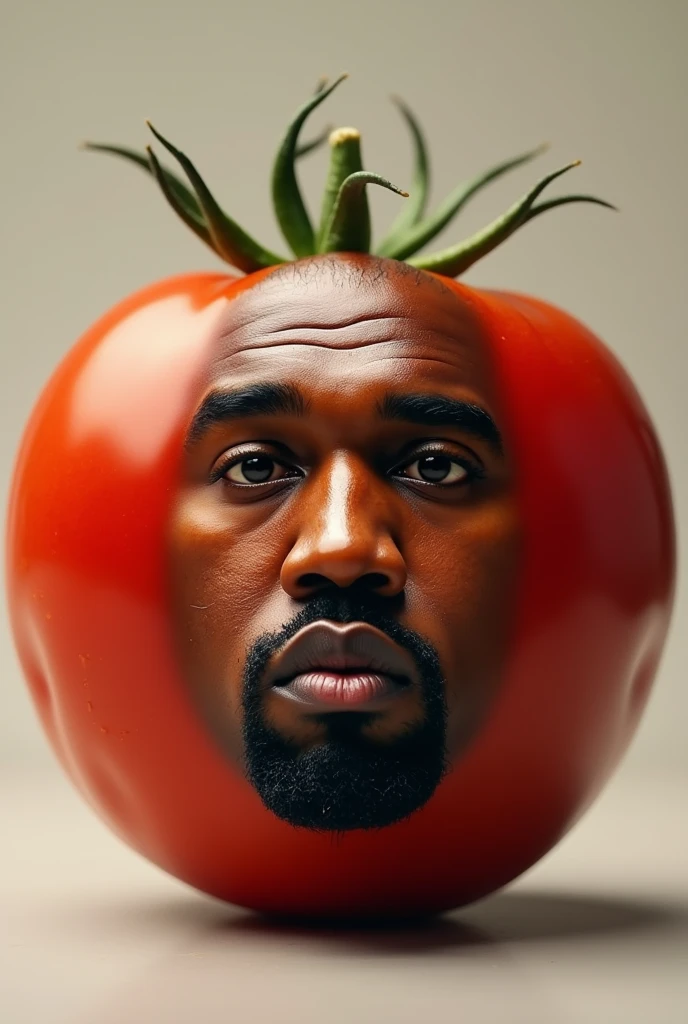Recreate a tomato with Kanye West's face with a very detailed face