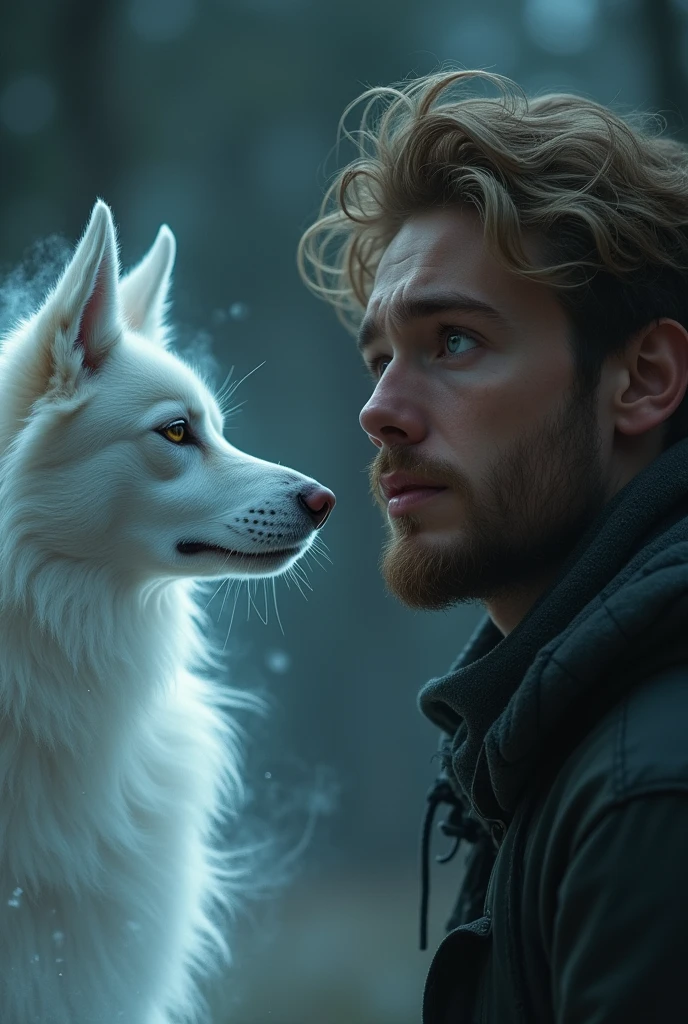 an image of a ghost husky dog and its owner a young man with light hair, light eyes and light skin crying over the death of his pet husky el espíritu fantasmal de un husky husky trasparente el muchacho tenga barba y cabello castaño claro el husky trasparente es un espíritu