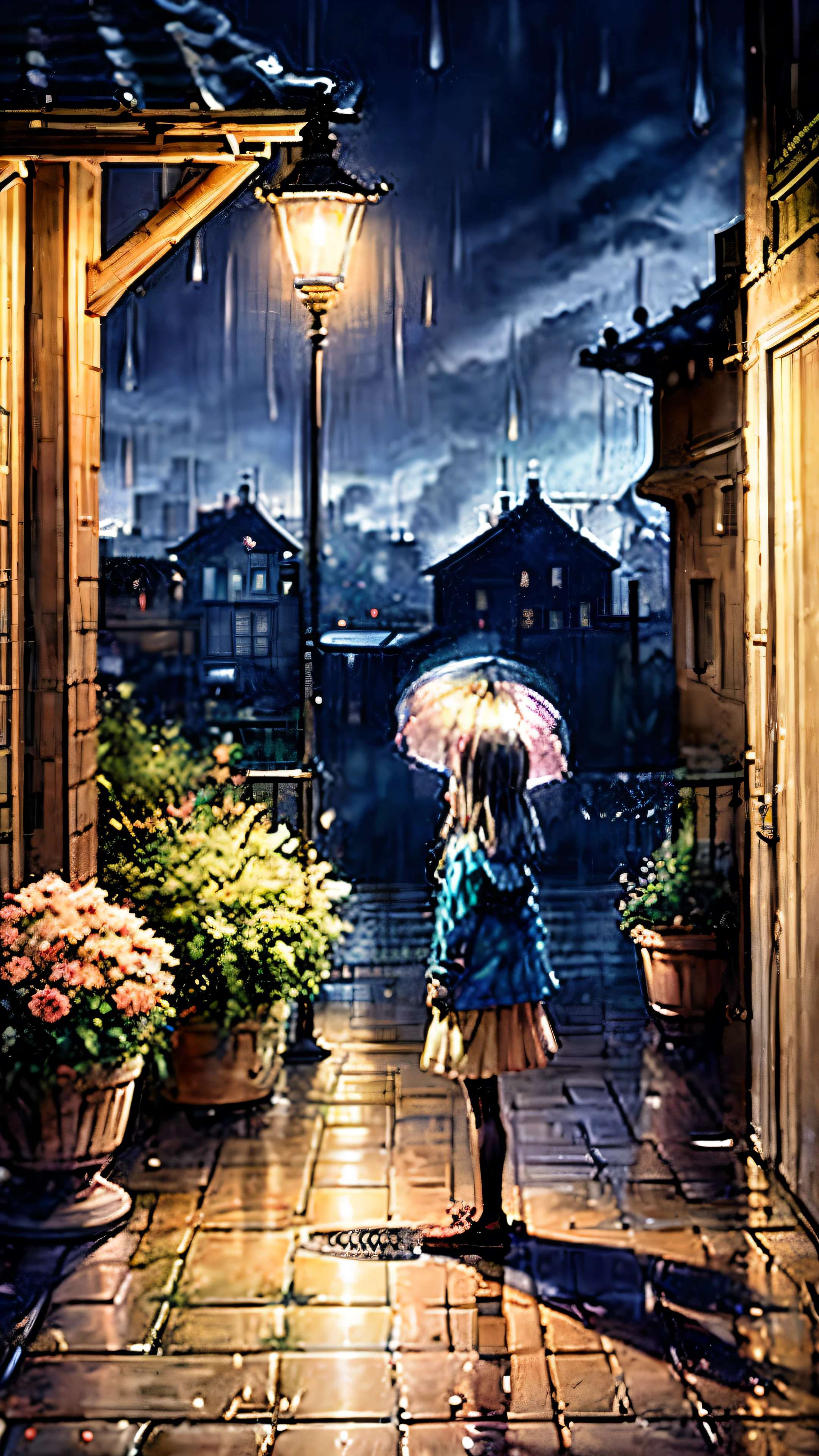 Standing by the window on a rainy night、A girl of about  with a tired expression、Back view、Street lamp、Raindrops、Uplifting、Lonely、Fatigue、Highest quality、masterpiece、detailed
