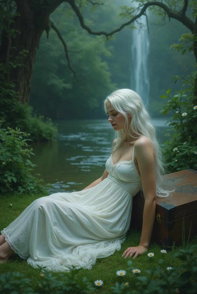 A woman with long white hair,she will wear a white cotton dress and wet,She will be lying on the grass of an enchanted garden and there will be a magical river near her.,I want a kind of secret garden vibe and it's kind of sad,I want the climate closed like an air of sadness,I want a chest of secrets next to her,She will have her eyes closed and a tear coming out of one of her eyes,I want her feet to appear