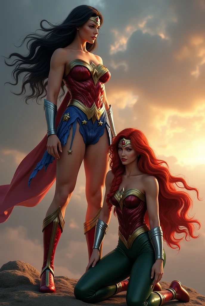 Two Wonder Women, one standing with long black hair in the original Wonder Woman outfit, red boots and silver bracelets, the other on her knees with long, red hair in a braid, a green jumpsuit and green boots with gold trim, silver bracelets, Wonder Woman diaema