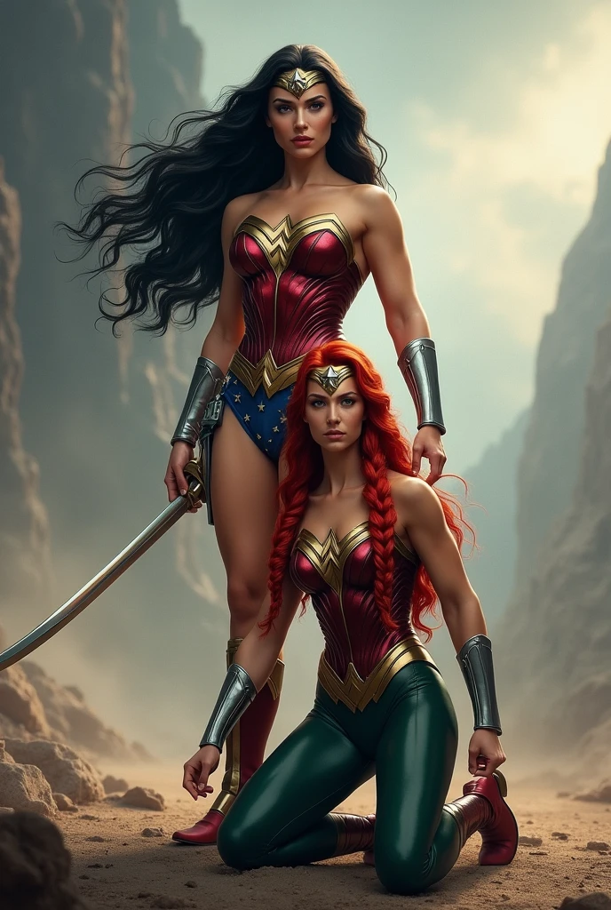Two Wonder Women, one standing with long black hair in the original Wonder Woman outfit, red boots and silver bracelets, the other on her knees with long, red hair in a braid, a green jumpsuit and green boots with gold trim, silver bracelets, Wonder Woman diaema
