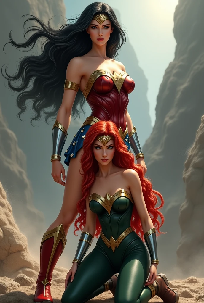 Two Wonder Women, one standing with long black hair in the original Wonder Woman outfit, red boots and silver bracelets, the other on her knees with long, red hair in a braid, a green jumpsuit and green boots with gold trim, silver bracelets, Wonder Woman diaema