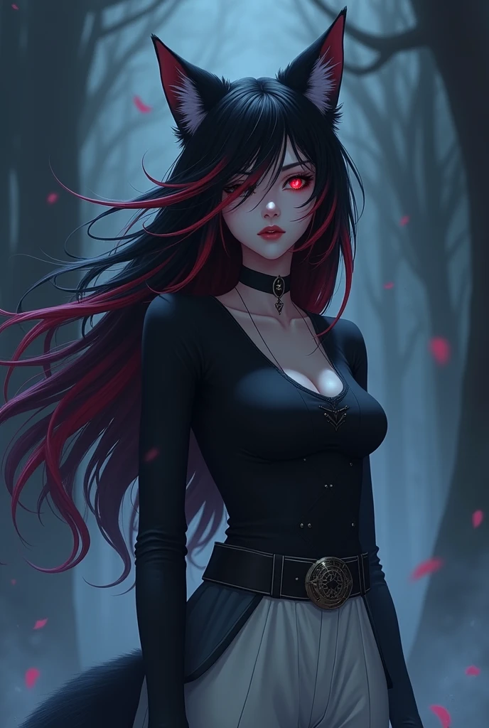 Female character is a wolf who has medium-long black hair with red, her right eye is wine red and the left one is blind with a light blue star and a long-sleeved top and white pants with a black belt and she is singing and is serious 