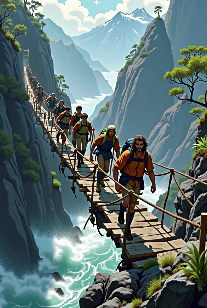 group of brave people crossing a bridge