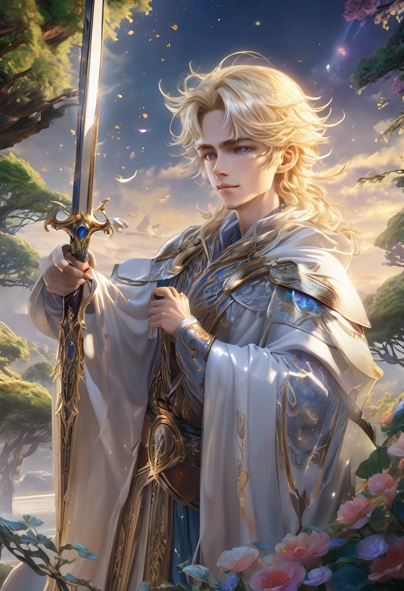 masterpiece，1 male，aldult，Beautiful face，young，pale blond hair, advanced，Antique theme，Fairies，Ancient costumes，holding sword，Sunlight， enchanted garden，Long hair flying，Sunlight，Background style，breeze blowing，Loose robe，fantasy landscape，Starlight around the character，（whole body），(first-person view, pov, UHD, retina, masterpiece, ccurate, anatomically correct, textured skin, super detail, award winning, 8k)