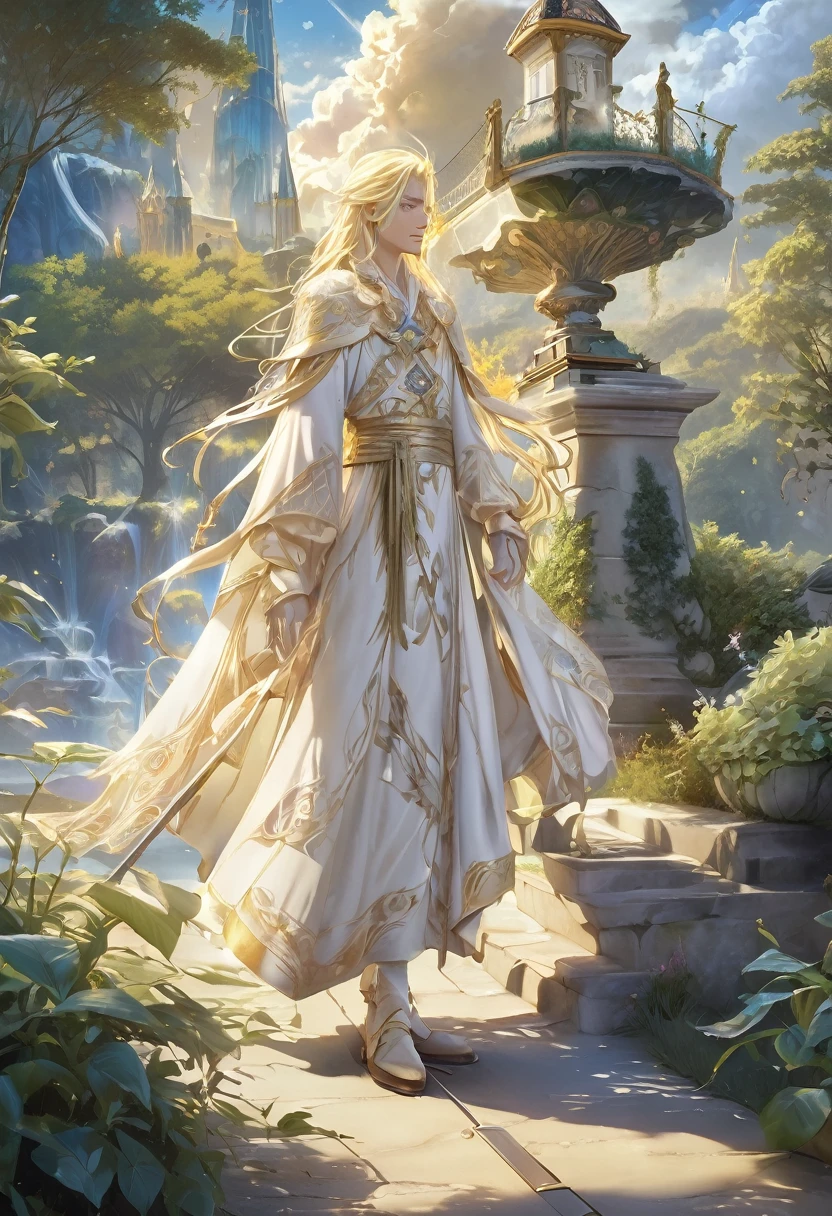 masterpiece，1 male，aldult，Beautiful face，young，pale blond hair, advanced，Antique theme，Fairies，Ancient costumes，holding sword，Sunlight， enchanted garden，Long hair flying，Sunlight，Background style，breeze blowing，Loose robe，fantasy landscape，Starlight around the character，（whole body），(first-person view, pov, UHD, retina, masterpiece, ccurate, anatomically correct, textured skin, super detail, award winning, 8k)