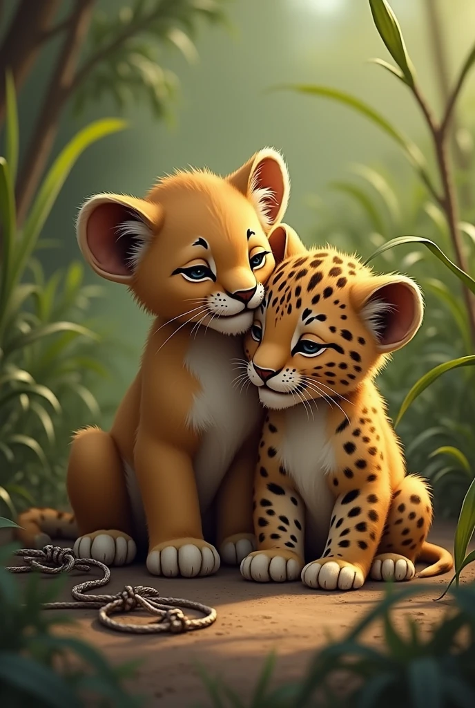 .Next to the lion cub, A little leopard cub emerges, Looks easy,And snuggle with the little lion. Cub rescued from poacher's snare, The trap lies partially visible on the ground.