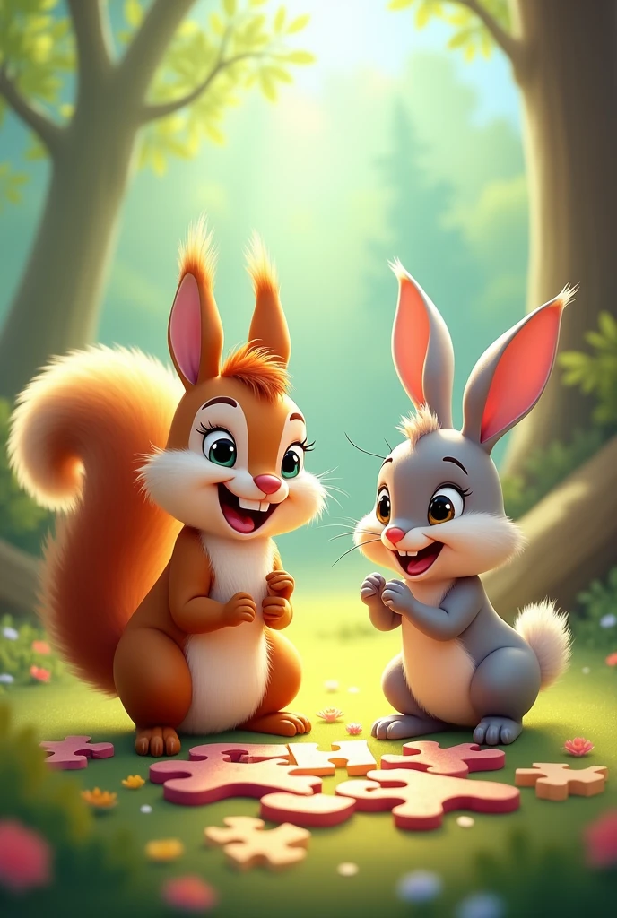 Friends squirrel , rabbit and solving a puzzle with joy. u v
