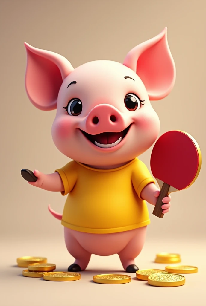 Little pig with ping pong paddle and gold coins and yellow t-shirt