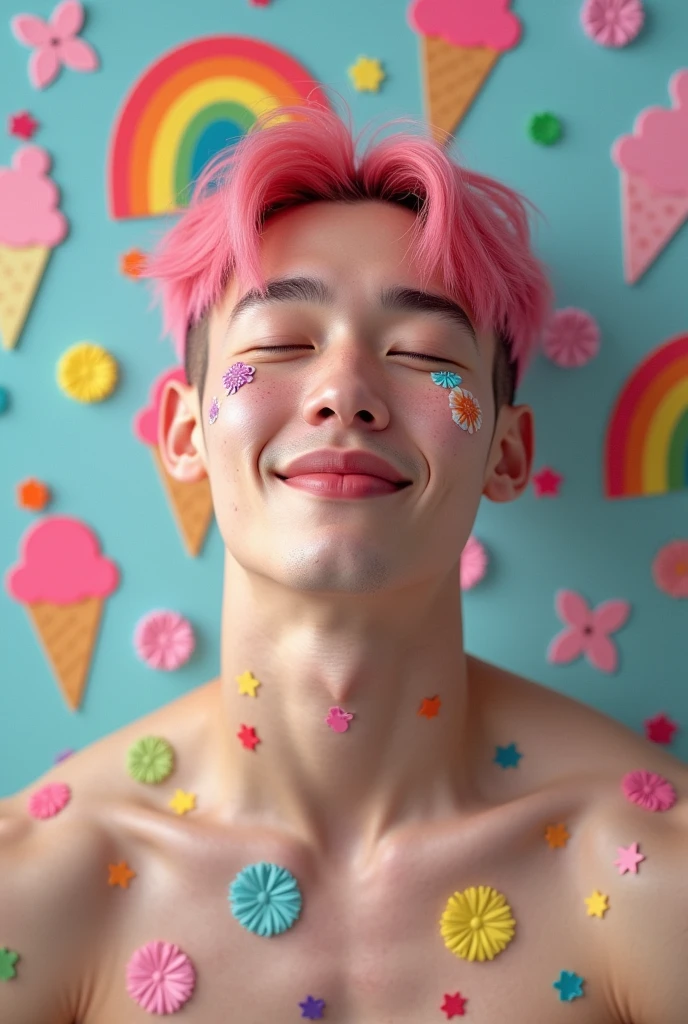Foto realisitic de um cantor de kpop masculino coreano, jungkook BTS, 24 years, pale face, beautiful face, face with rosy cheeks and freckles, Muscular and strong body, shaved pink hair, shaven hair, wearing no shirt, body with several stickers glued, stickers on your face too, making cute poses, background with rainbow stickers, ice cream, lollipop, butterflys, concept Photo, realisitic, idol, close-up do rosto, facing the front ,cute face, rosto close-up , smiling with eyes closed
