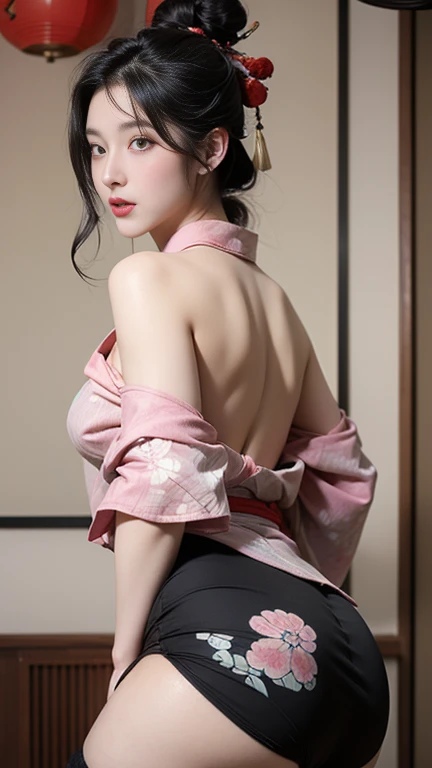 (Very sexy girl wearing sexy ukiyo-e kimono:1.3), pass, string underwear, transparent, blackhair colorhair,, black stockings, Lift your butt,Facing the camera,black, ring, 4K, HD,Looking at the camera, Almost perfect, Dynamic, Very detailed content...., Brown, Clear focus,Radiant Skin,Camel toe showing thigh!!!、
