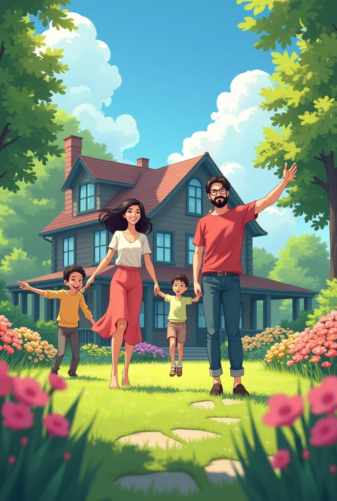Scenario: a clean backyard blooming flowers on a sunny day with a big house with a 28 year old short black haired french woman smiling, another slightly wiser woman with long black hair wearing glasses smiling happily, a super happy bearded man, and a boy with a black beard smiling, everyone almost flying from freedom anime 2d