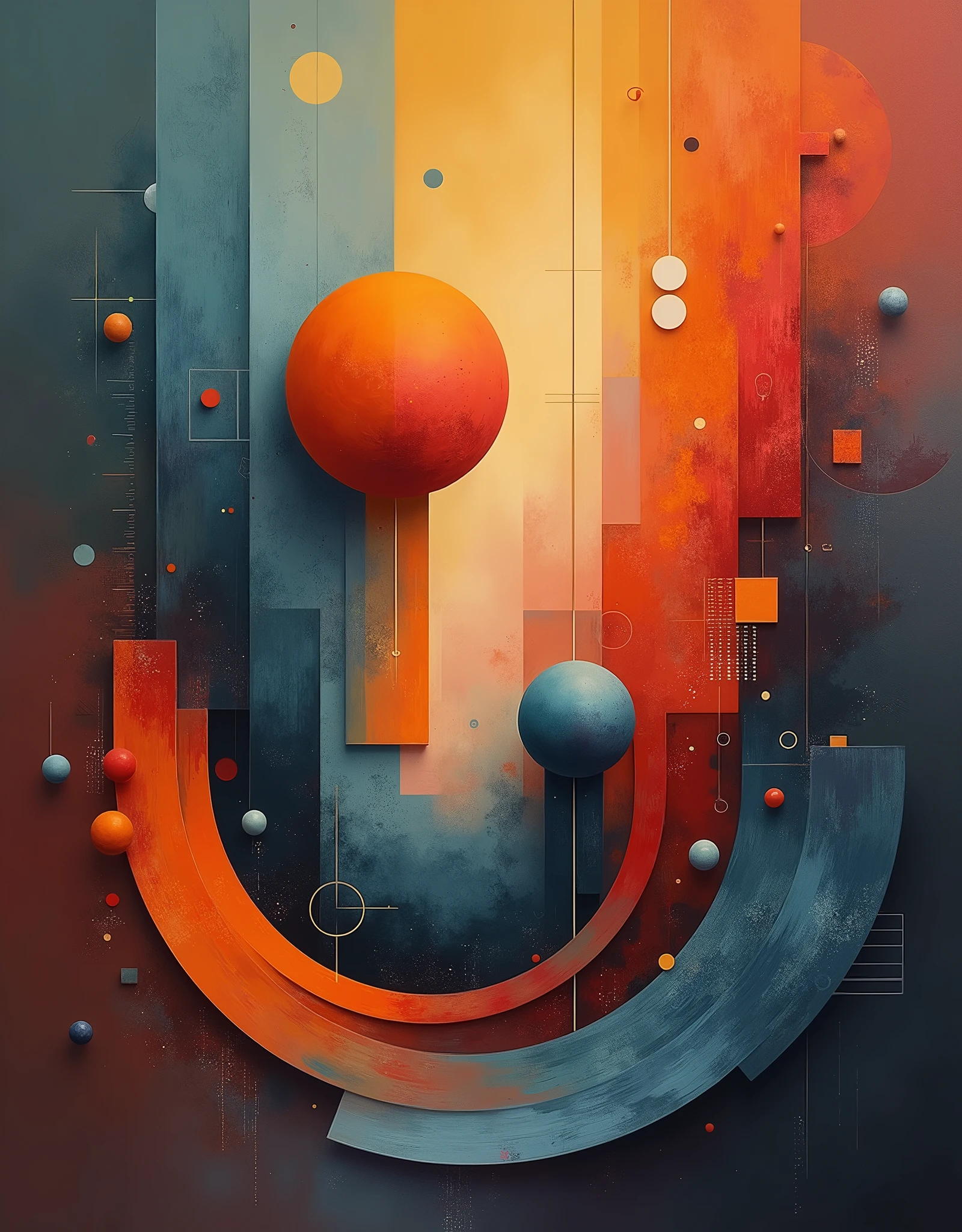 Create an abstract art print, oil color, that shows geometric object art elements mixed in one image. Beautiful, vibrant colors, printed on a full canvas. (masterpiece, top quality, best quality, official art, beautiful and aesthetic:1.2)