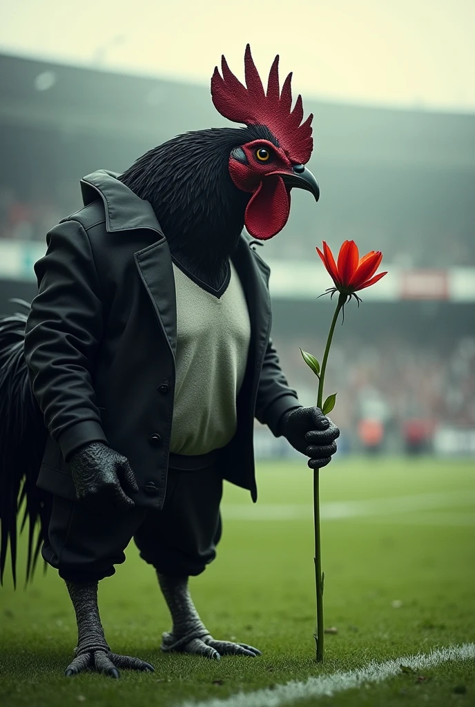 strong and avenging rooster on a human body in a black and white shirt with an evil face staring at a flower on the football field with the color photo.
