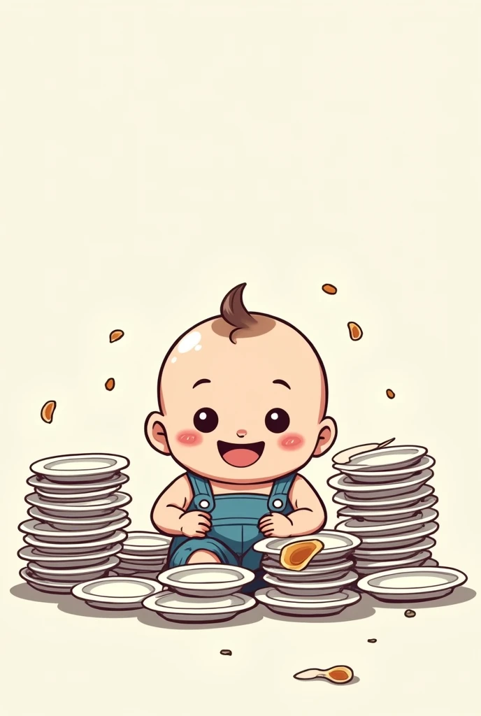 chibi, plump child, piles of empty plates, happy expression, baby clothes, anime, manga, funny