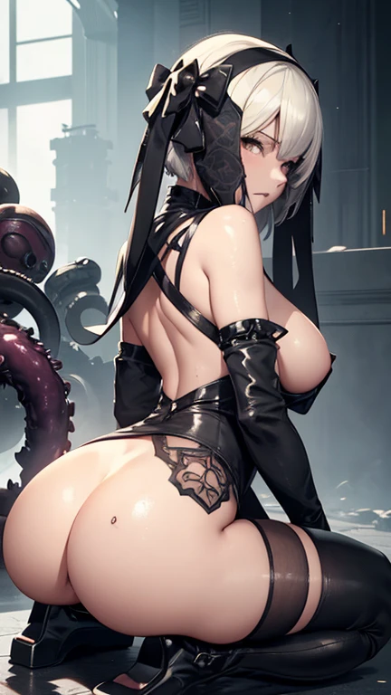 Nier Automata　2b　beautiful girl　tits　Ass nsfw　Goth　Image video shooting pee　Sweaty　Wet　Blank expression, violent movements　Sweet face　Sexual　Seventeen being attacked by tentacles　１people　Constraints　tentacles wrapped around the body　Tentacles invade through her anus. She is squatting with her legs apart.