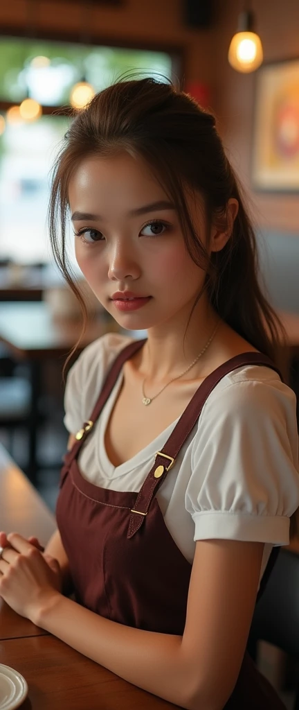 Very beautiful waitress, Bend down and look at the camera, Hooters, whole body, Inside the store, slim, Very small breasts