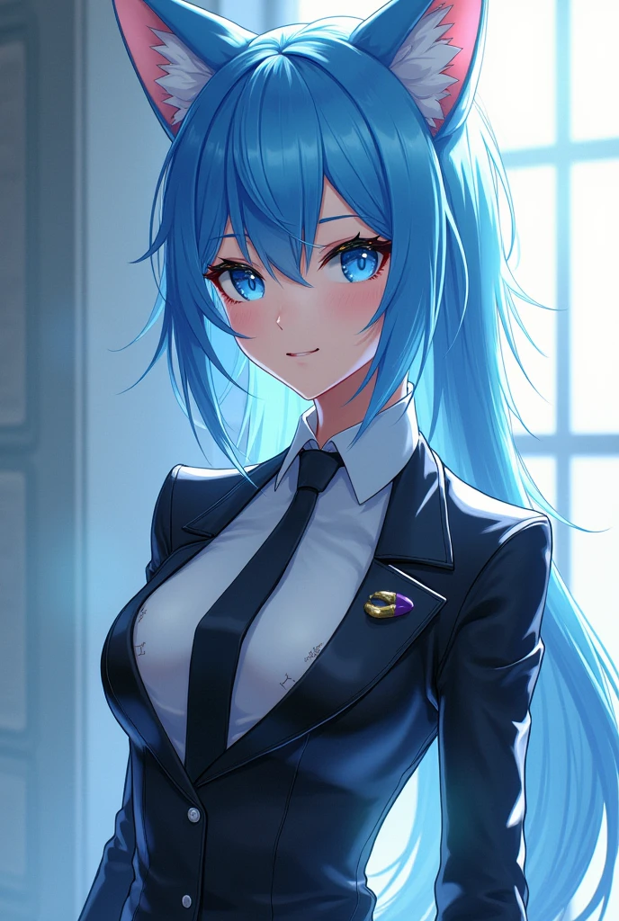 Female, Anime, Android, Blue hair with wolf ears, Blue eyes, wears a Butler's outfit