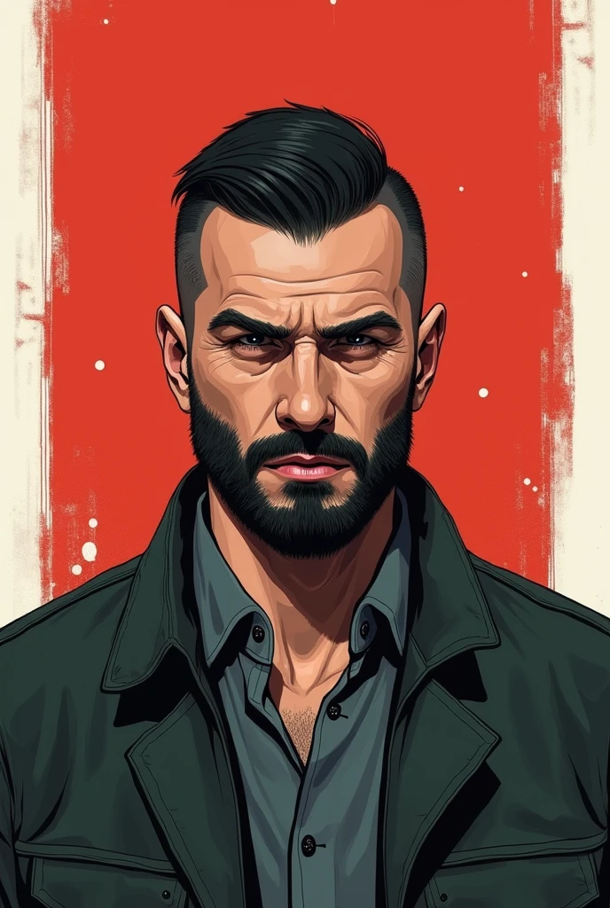 A 33 year old man, short shaved hair and medium beard, with austere expression, Red and white background. The image must be an icon, as a character from a game in the artistic style of Aleksander Rostov, illustrator of Disco Elysium.