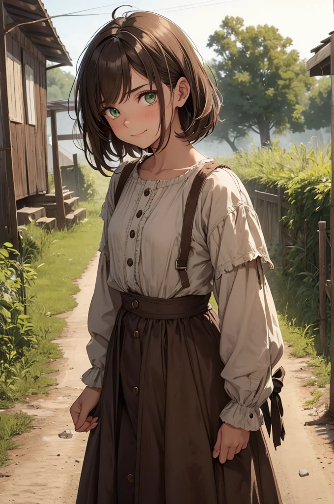 Close up on a young woman with a crooked smile standing on a dirt road in a small and rural town. She has short, messy, mousy brown hair and green eyes and tan skin. She is short but looks tough and strong, like a person who works hard. Despite her youth her hard life of poverty has made her scarred and weathered from years of hard work. She has crooked teeth and a big, slightly crooked, smile. She is wearing simple and practical clothing of a poor, working class woman from the 19th century. Her face and clothes are slightly dirty and her clothes are patched and torn. Crooked smile + crooked teeth + young + poor + dirty + friendly + happy + strong + scars + messy, dirty, torn, and patched clothes + simple and cheap clothes + practical clothing + short, dull, and messy, mousy brown hair + green eyes. Early modern setting, 19th century, no advanced technology, clothing or items.