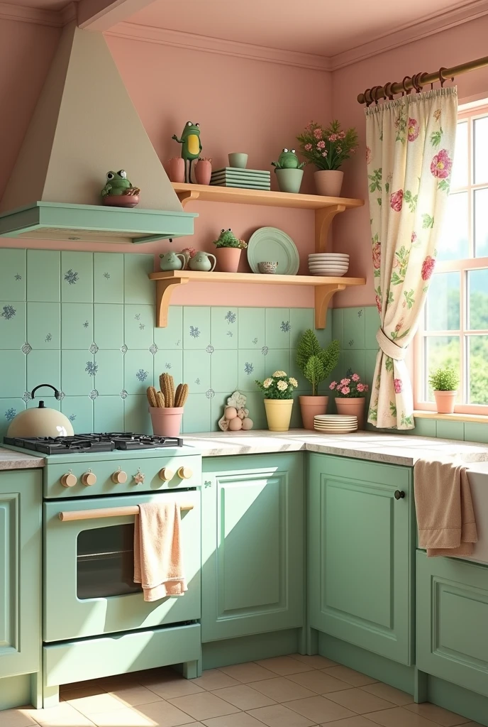Crea una cocina de una casa tipo cottage

walls y Revestimientos:

walls: Painted in a soft pale pink.
Tiles: In the work area, Consider pastel green ceramic tiles with pastel blue flower details.
Furniture:

Cabinets: Made of light wood or in beige tones that imitate the natural wood finish.
worktop: Pastel blue or white marble with soft veins.
decorations:

curtains: With a print of frogs and flowers in pink colors, pastel green and light blue pastel.
Rags and Towels: In coordinating shades of pale pink and pastel green, perhaps with little drawings of frogs.
Props:

Plates and Cups: In soft colors of the palette, with floral details or small frogs.
covered: With wooden handles or finished in coordinating pastel colours.
Household appliances: In shades of pastel green or pastel blue.
Accessories:

Jarrones y decorations: With typical swamp flowers in pink tones, pastel green and light blue.
bookshelves: With small ceramic frog ornaments and plants in soft-coloured pots