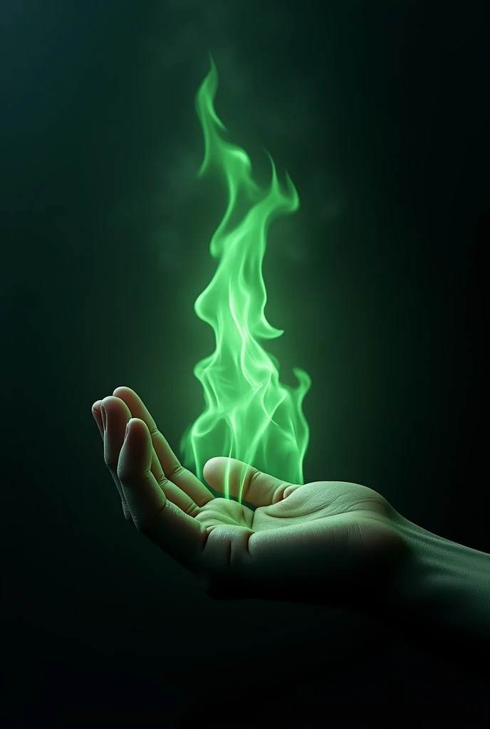 I want an image with black and green color with a fire with black and green color on top of a hand