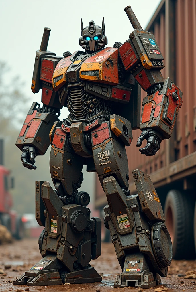 Optimus prime half body shoot.. lot of sticker on body. From Logging truck concept.logo sticker "kaki janda".