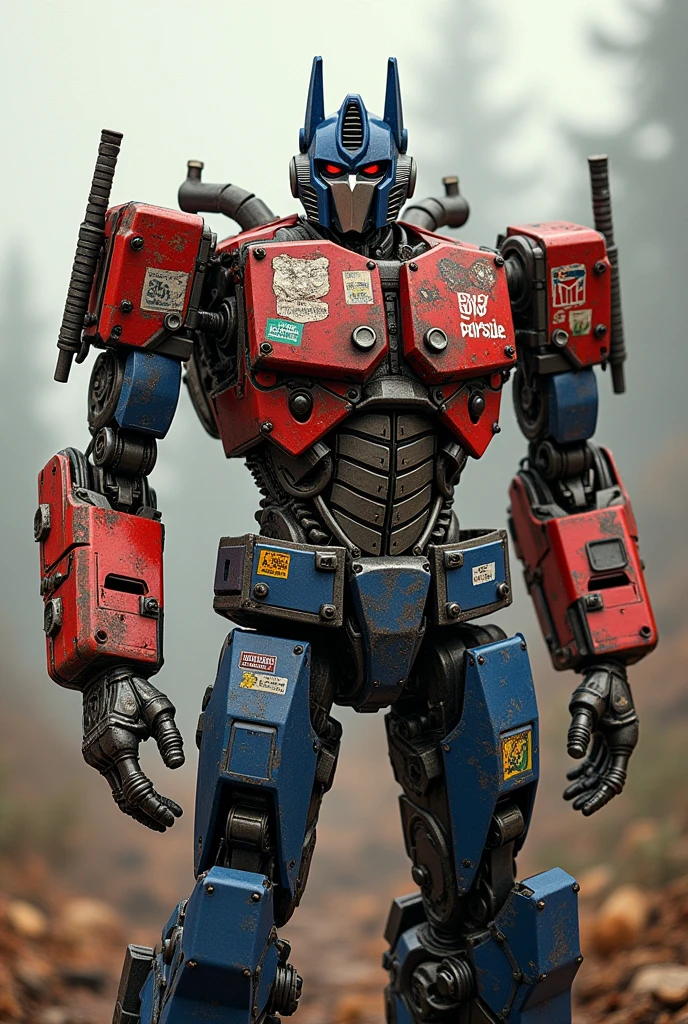 Optimus prime half body shoot.. lot of sticker on body. From Logging truck concept.logo sticker "kaki janda".