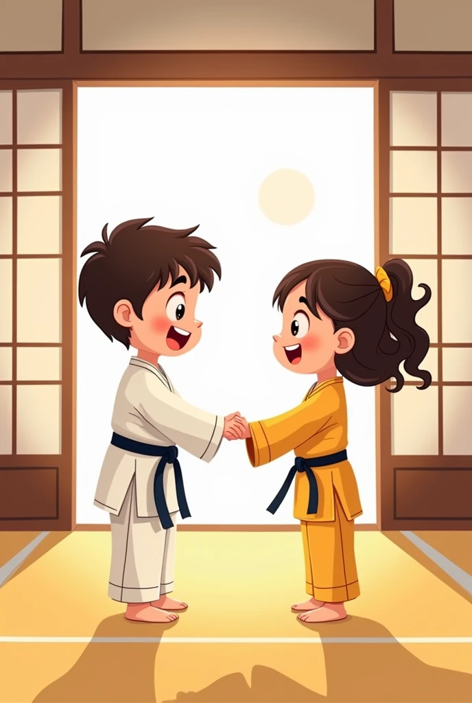 Simple cartoon style illustration for kids of martial artists making friends in a dojo