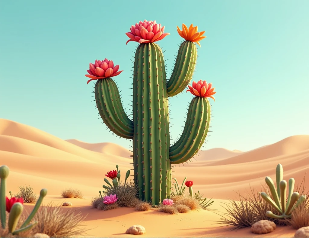 cactus as a whole, with flowers, in a desert.